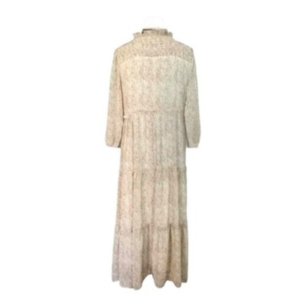 Polagram Women's Beige Smocked Tiered Midi Dress M Mock Neck 3/4 Sleeve Boho VG - Picture 5 of 5
